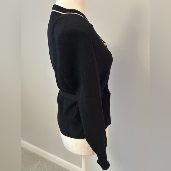 St. John Collection Black Cardigan with White Trim Gold Pearl Button - Picture 4 of 13